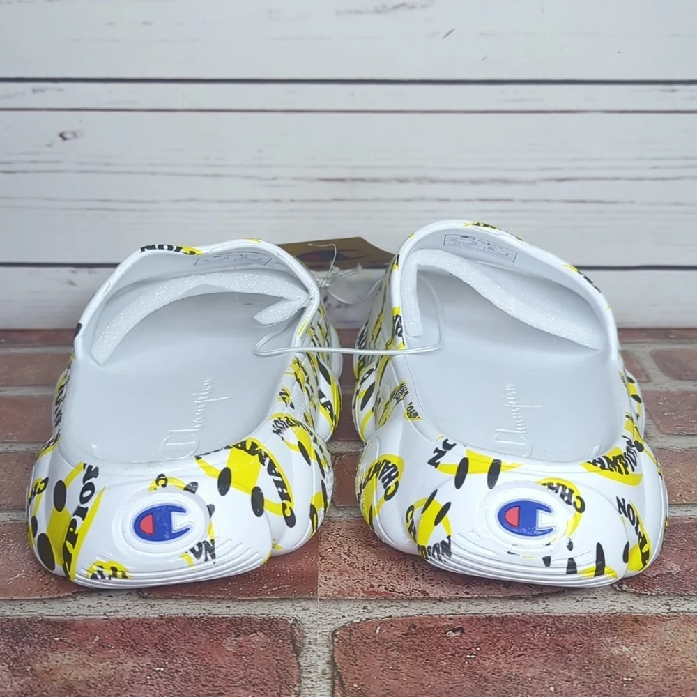 Champion Men's Meloso Squish Smile‎ White and Yellow Slide Slip On Sandals